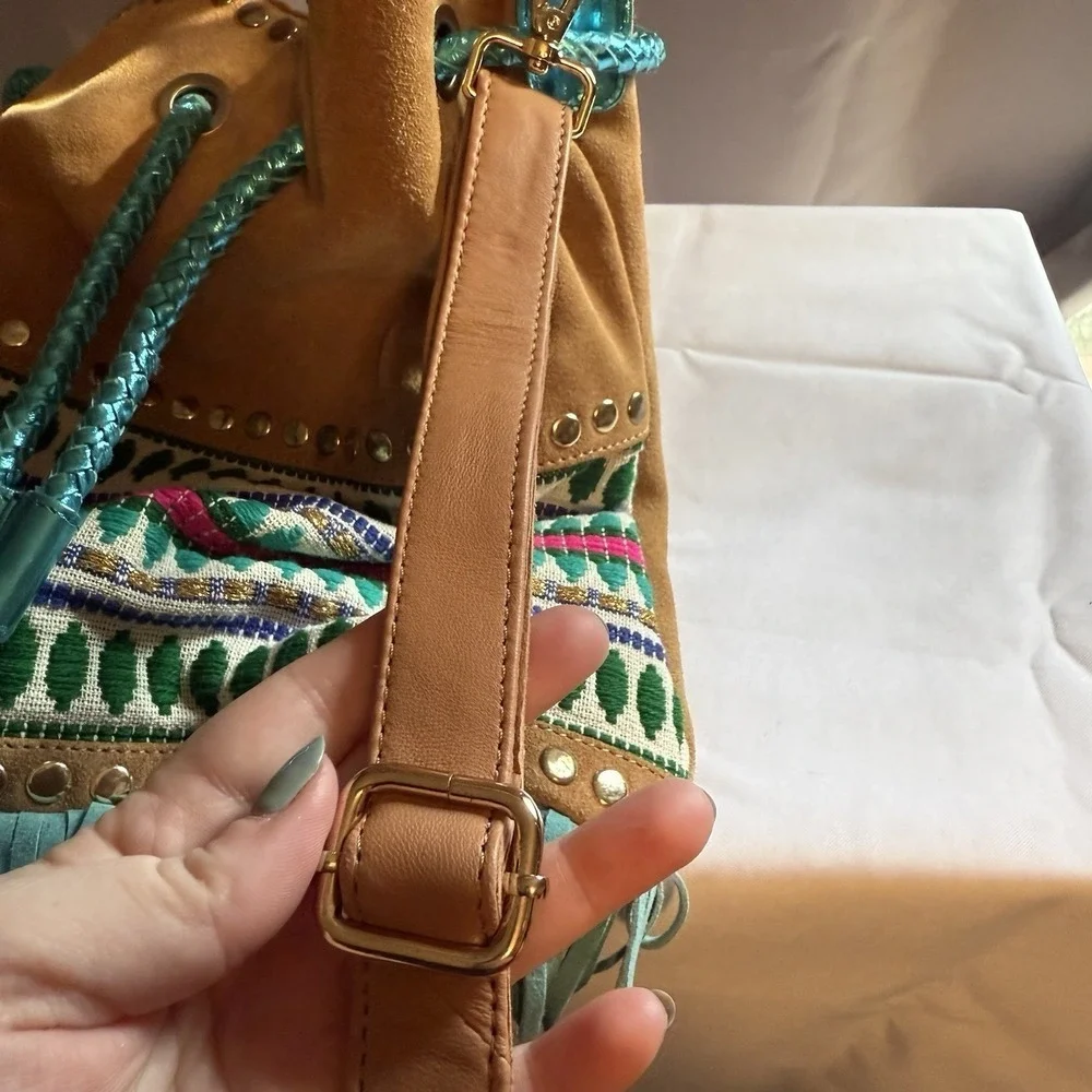 PITI CUITI Boho Suede Fringe Drawstring Large Bucket Multicolor Bag Made France